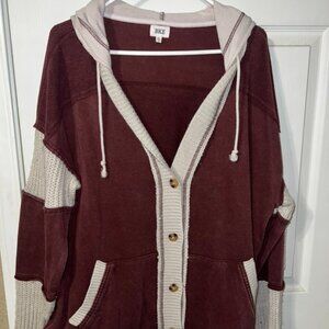 BKE Hooded Button-Front Cardigan Jacket – Burgundy & Cream – Size XL
